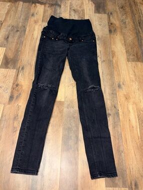 H&M Mama Maternity Black Distressed Skinny Jeans Size 2 Stretch Over-Belly